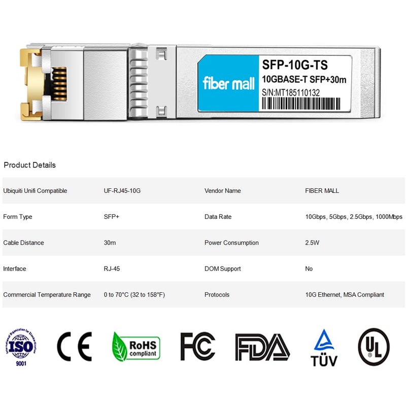fiber mall 10G SFP+ to RJ45 for Ubiquiti Unifi UF-RJ45-10G Netgear AXM765 Mikrotik S+RJ10 Finisar Supermicro ZTE TP-Link SFP-10G-T-TPL 10GBASE-T SFP+ Copper RJ-45 30m Transceiver Module - Image 4